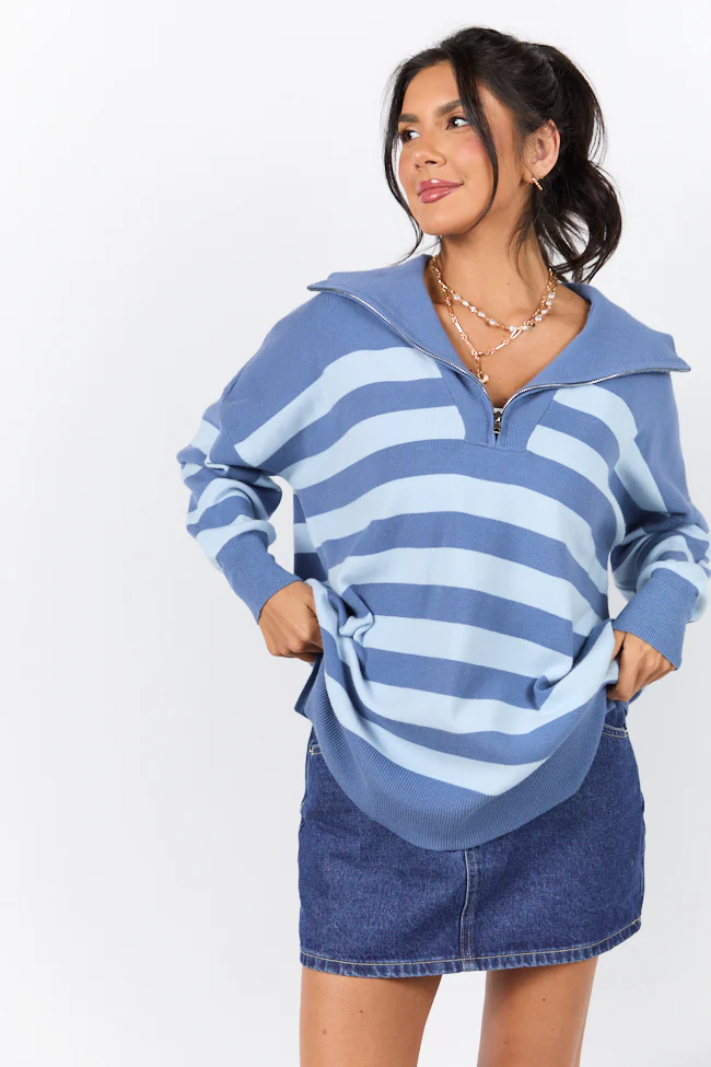 Pulling Heartstrings Navy and Blue Stripe Quarter Zip Pullover FINAL SALE - Terpint