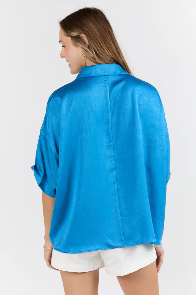 Dramatic Entrance Blue Oversized Satin Collared Blouse FINAL SALE - Terpint