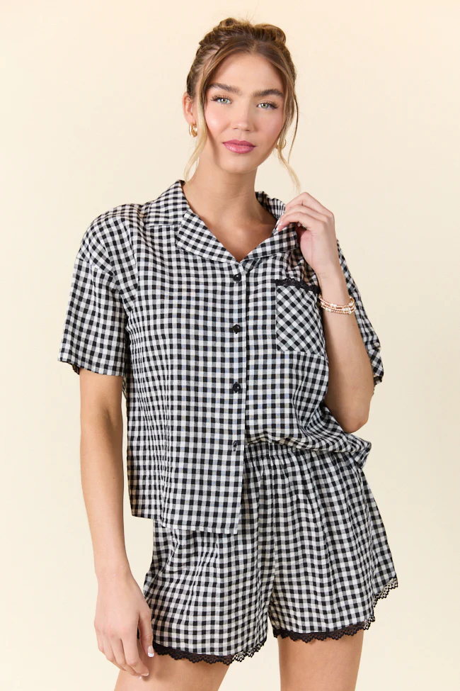 Peaceful Mornings Black Gingham Short Sleeve Pajama Set DOORBUSTER - Terpint