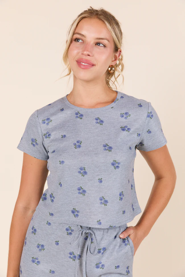 Lainey Waffle Knit Blue Floral Pajama Top - Terpint