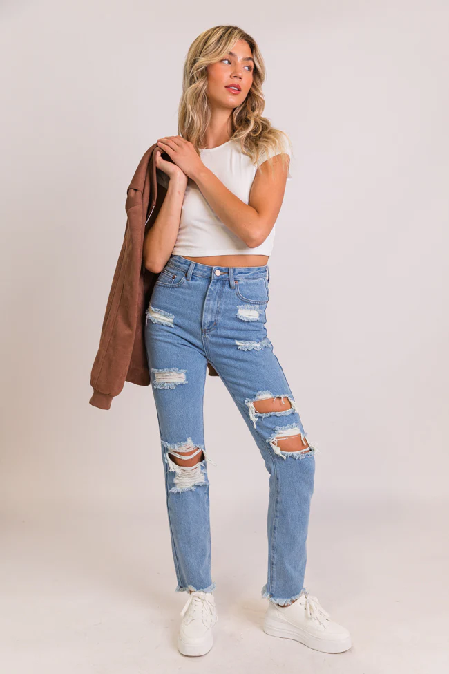 Megan Light Wash Distressed Straight Leg Mom Jeans FINAL SALE - Terpint