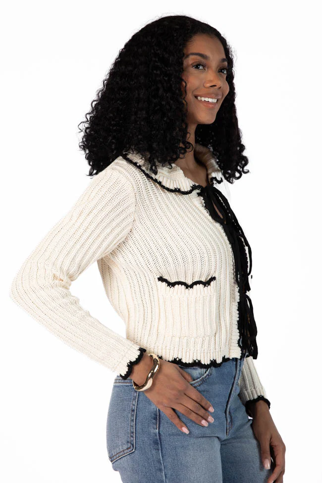 Aim High Cream and Black Tie Front Crochet Cardigan FINAL SALE - Terpint