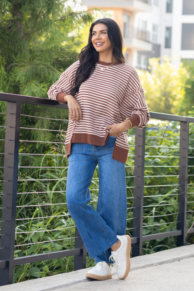 Kara Brown Stripe Waffle Pullover - Terpint