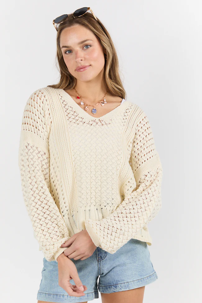 Morning Markets Cream Open Knit V-Neck Sweater FINAL SALE - Terpint