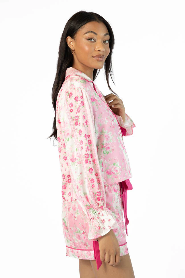 Don't Wake Me Up Pink Multi Floral Long Sleeve Satin Pajama Top SALE - Terpint