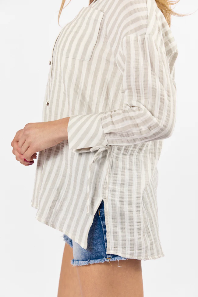 Cruel Summer Tan and Ivory Striped Gauze Button Down Top DOORBUSTER - Terpint