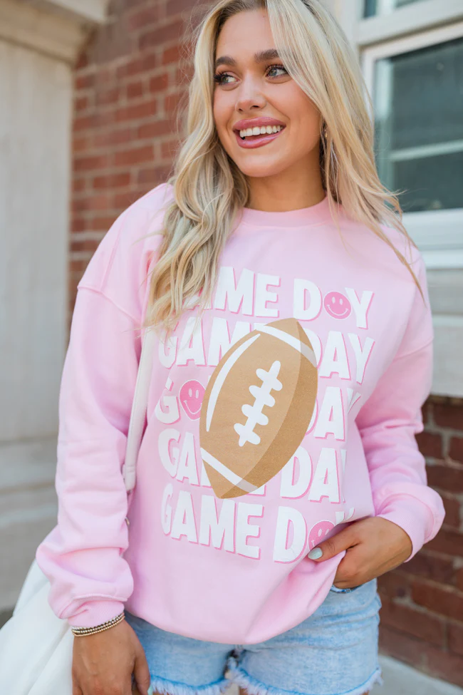 Gameday Smiley Light Pink Oversized Graphic Sweatshirt - Terpint