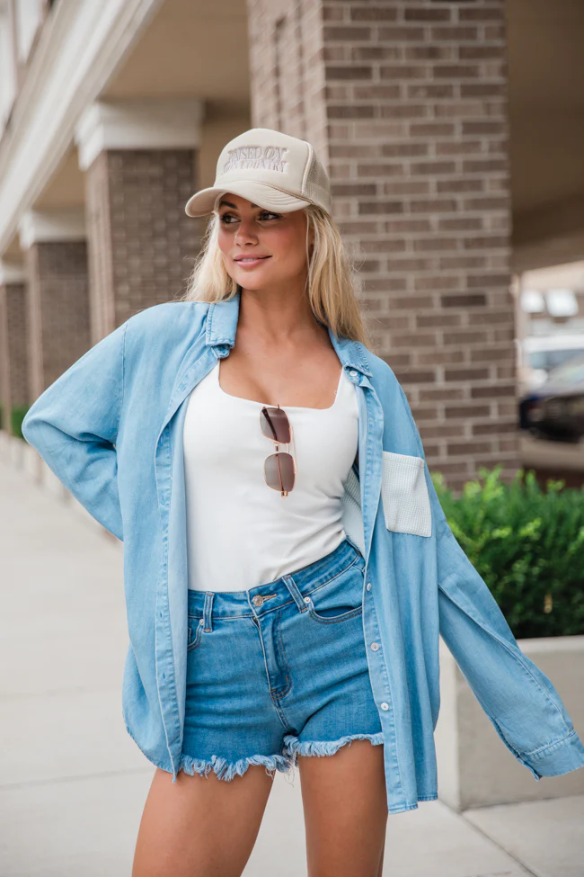 Talk It Over Waffle Detail Chambray Button Front Blouse FINAL SALE - Terpint