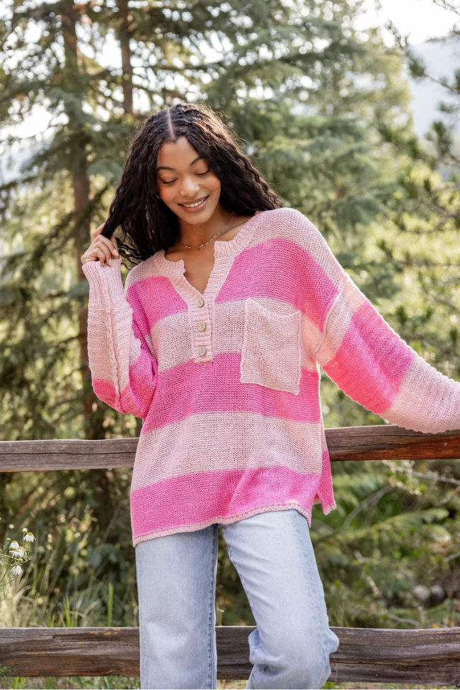 Know You Best Pink Oversized Striped Henley Sweater - Terpint