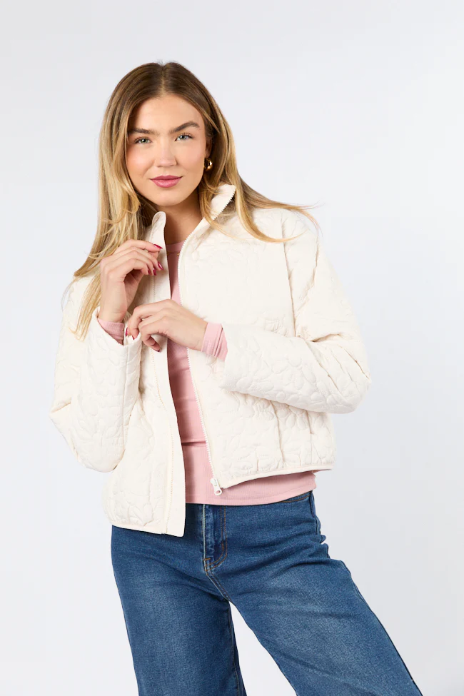 Full Bloom Cream Flower Quilted Zip Up Jacket FINAL SALE - Terpint