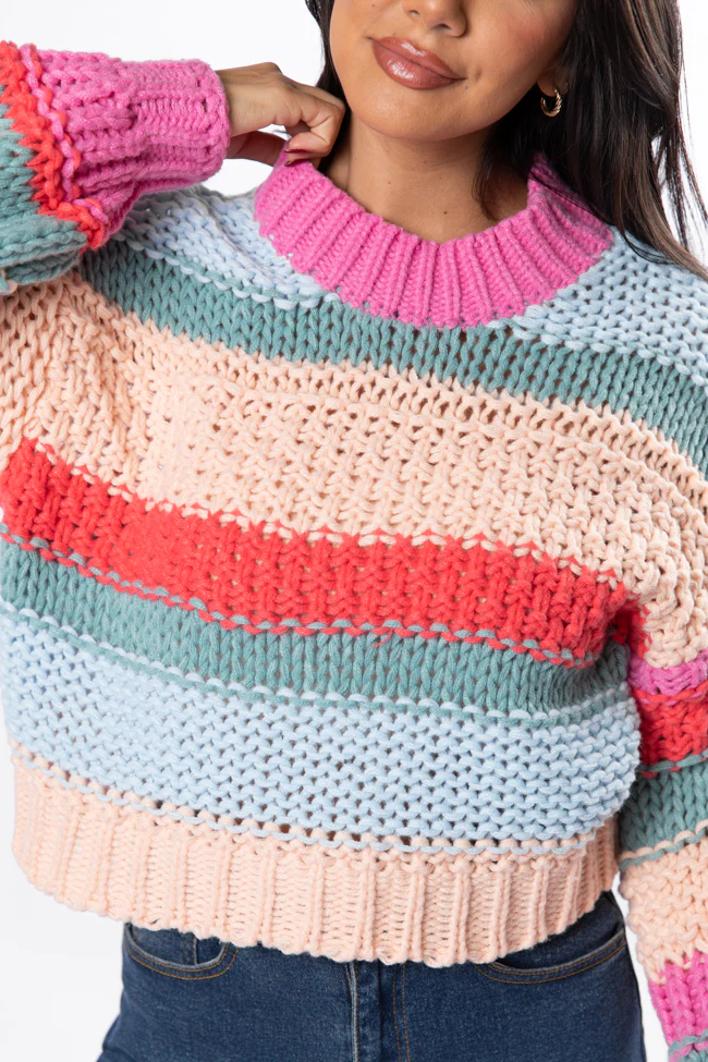 In Line Peach Multi Chunky Striped Sweater DOORBUSTER - Terpint