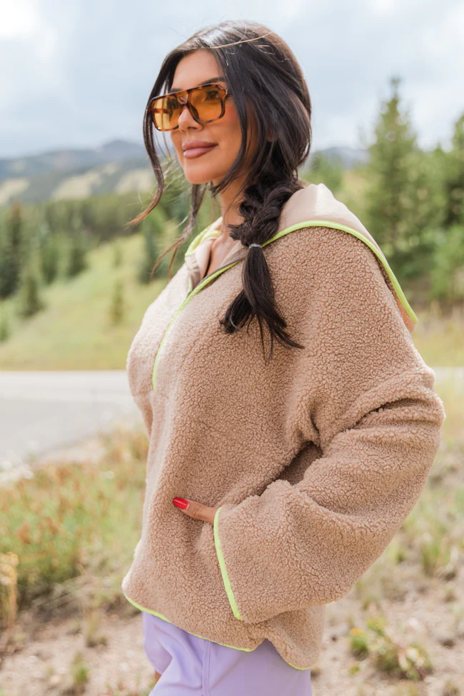 My Go To Taupe and Lime Sherpa Quarter Zip Hooded Pullover FINAL SALE - Terpint