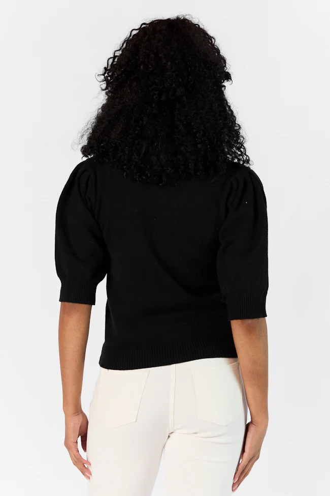 Around The Garden Black Floral Embroidered Lace Trim Short Sleeve Sweater FINAL SALE - Terpint