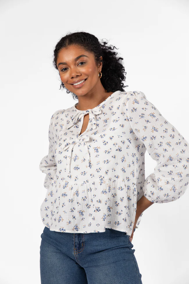 Close To Me Ivory and Blue Bow Detail Floral Blouse FINAL SALE - Terpint