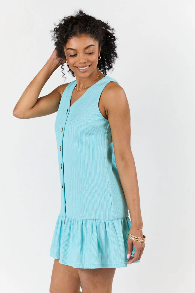 Sunset Romance Light Blue Knit Button Front Mini Dress FINAL SALE - Terpint
