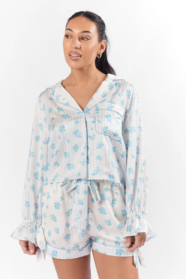 Sleep On My Side Blue Floral Satin Long Sleeve Pajama Top FINAL SALE - Terpint
