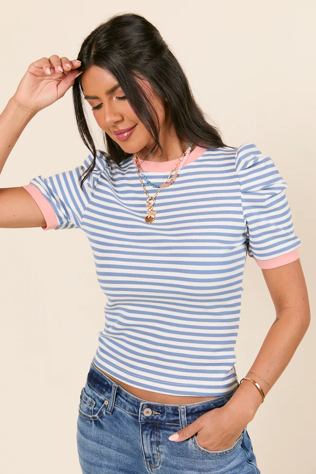 Hagan Gathered Short Sleeve Blue Stripe Knit Tee - Terpint