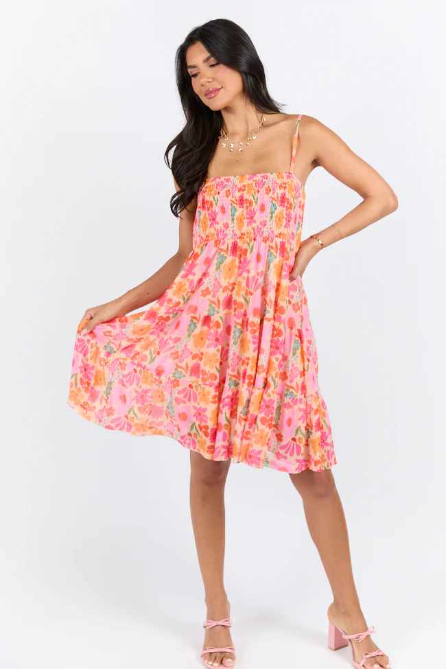 I Know A Place Orange And Pink Floral Smocked Mini Dress FINAL SALE - Terpint