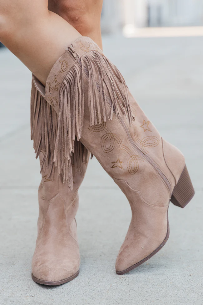 Fancy Suede Warm Taupe Fringe and Stars Boots SALE - Terpint