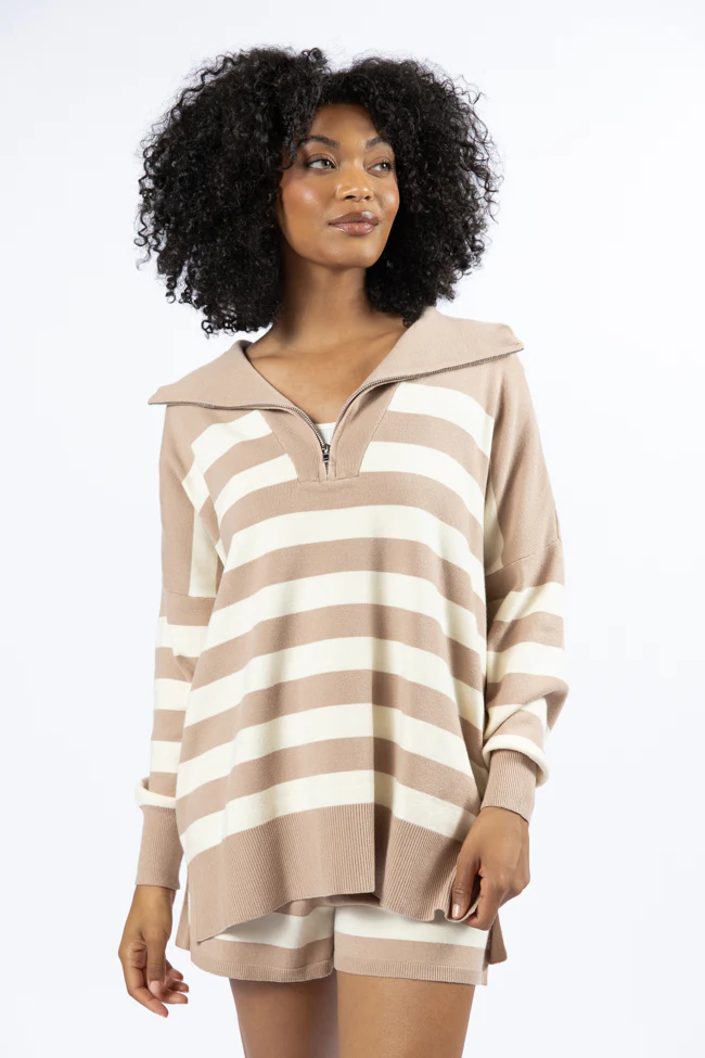 Pulling Heartstrings Taupe And Cream Striped Quarter Zip Pullover FINAL SALE - Terpint