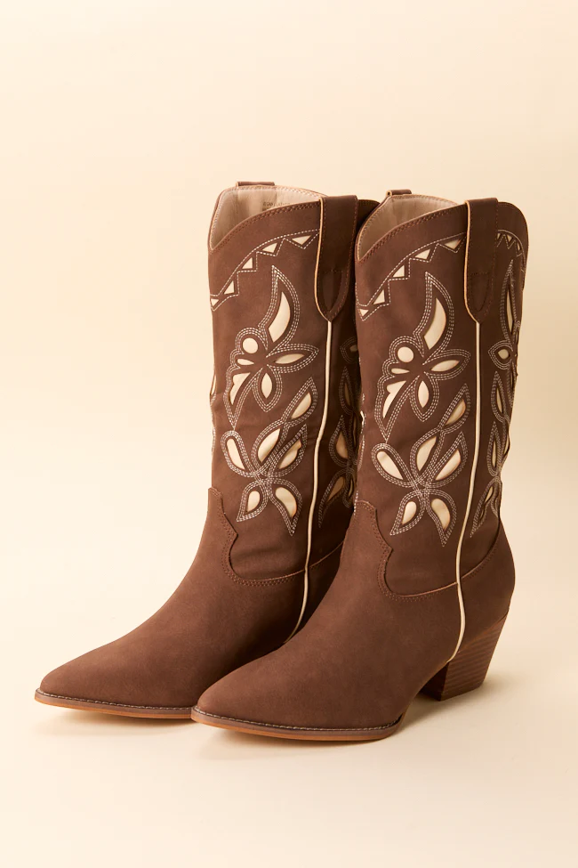 Zinnia Brown Cutout Cowboy Boots - Terpint