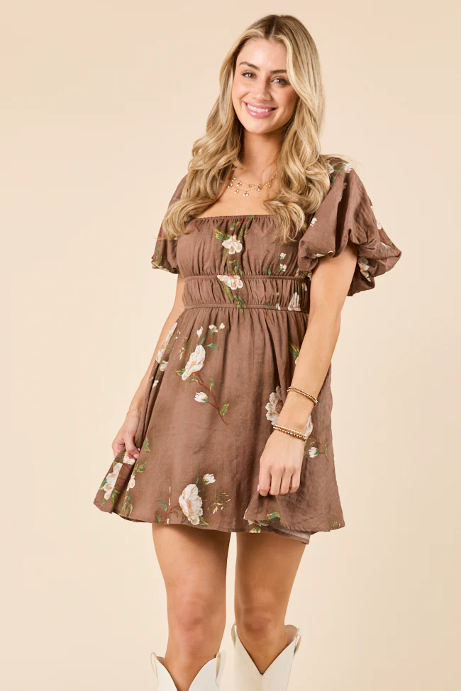 Cassandra Brown Puff Sleeve Mini Dress - Terpint
