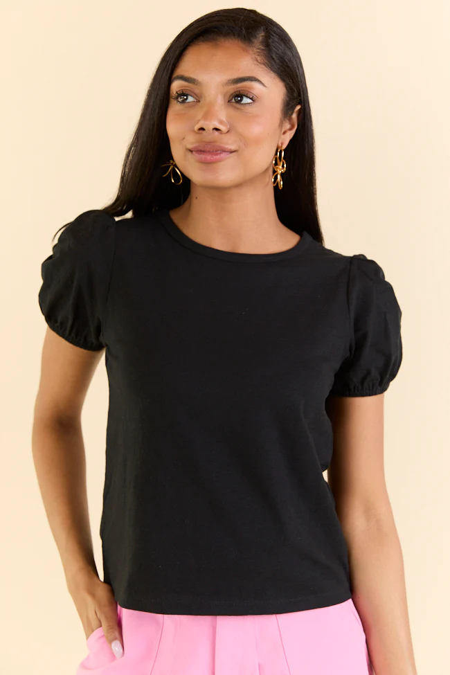 Somewhere Sunny Black Knit Bubble Sleeve Top - Terpint