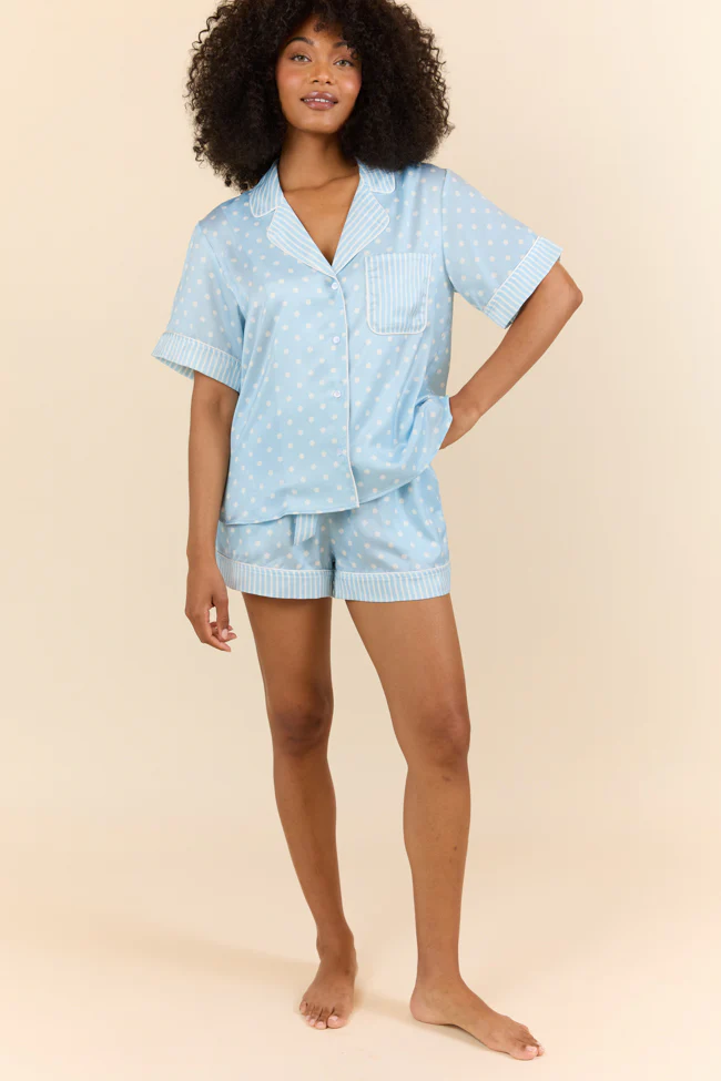 No Alarm Blue Polka Dot Satin Pajama Shorts - Terpint