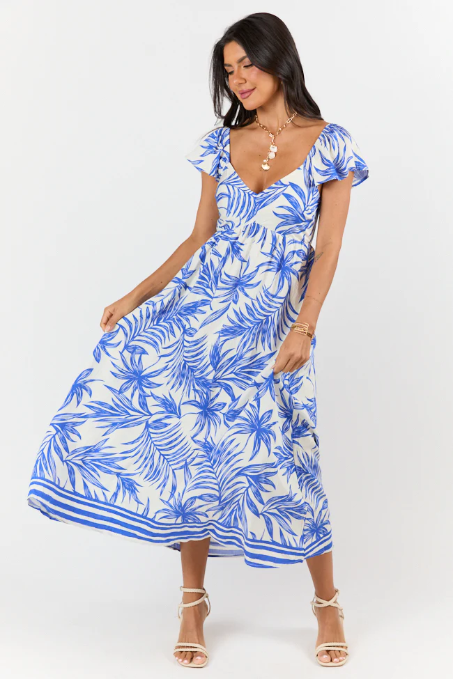 Palm Oasis Blue and White Leaf Printed Midi Dress - Terpint