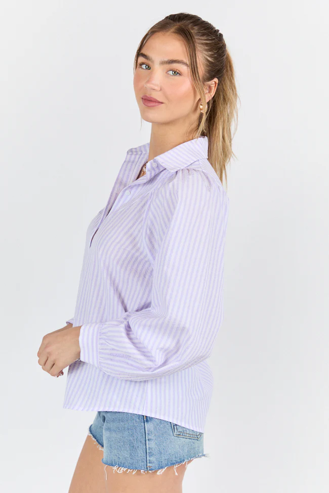 Here Lately Lilac Striped Button Down Top DOORBUSTER - Terpint