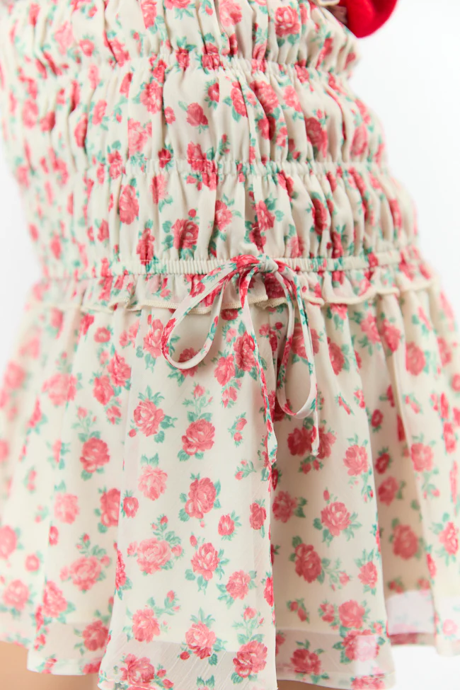 Cross My Path Ivory and Red Drop Smocked Waist Mini Skort FINAL SALE - Terpint
