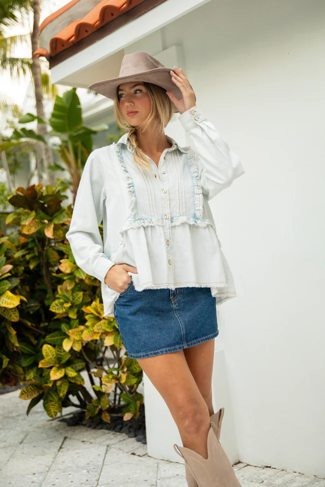 Here To Prove Light Wash Ruffle Trim Peplum Chambray Blouse SALE - Terpint