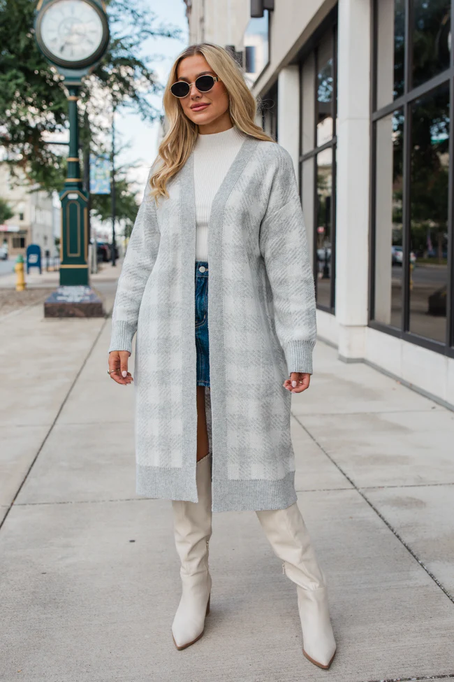 Be The First Grey Plaid Long Cardigan FINAL SALE - Terpint