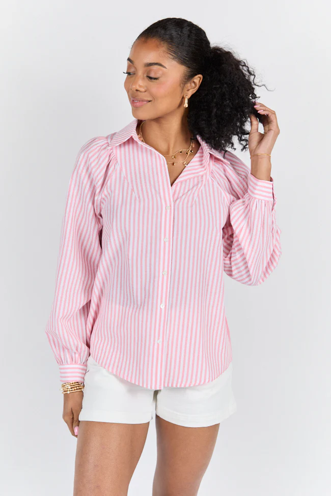 Here Lately Pink Striped Button Down Top FINAL SALE - Terpint