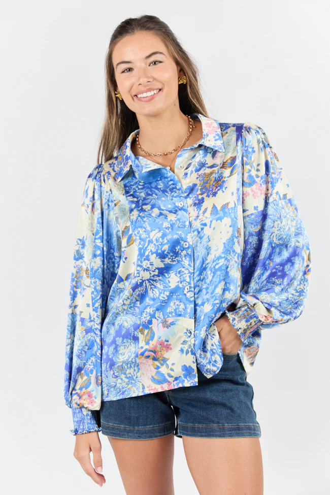 I've Been Waiting Blue Floral Patch Print Satin Button Down Blouse FINAL SALE - Terpint