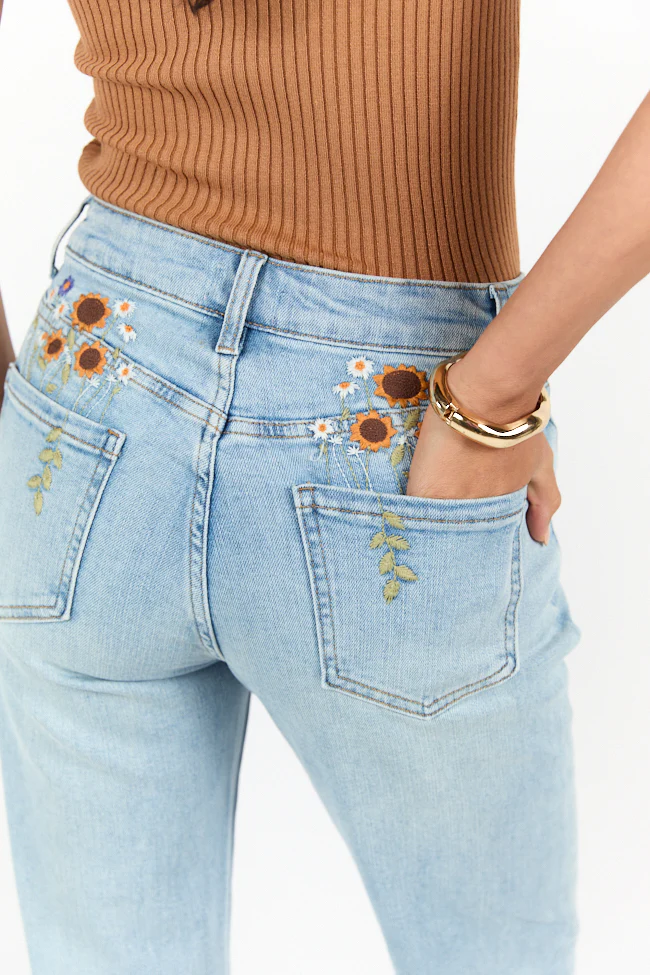 Lily Medium Wash Floral Embroidered Crop Relaxed Jeans FINAL SALE - Terpint