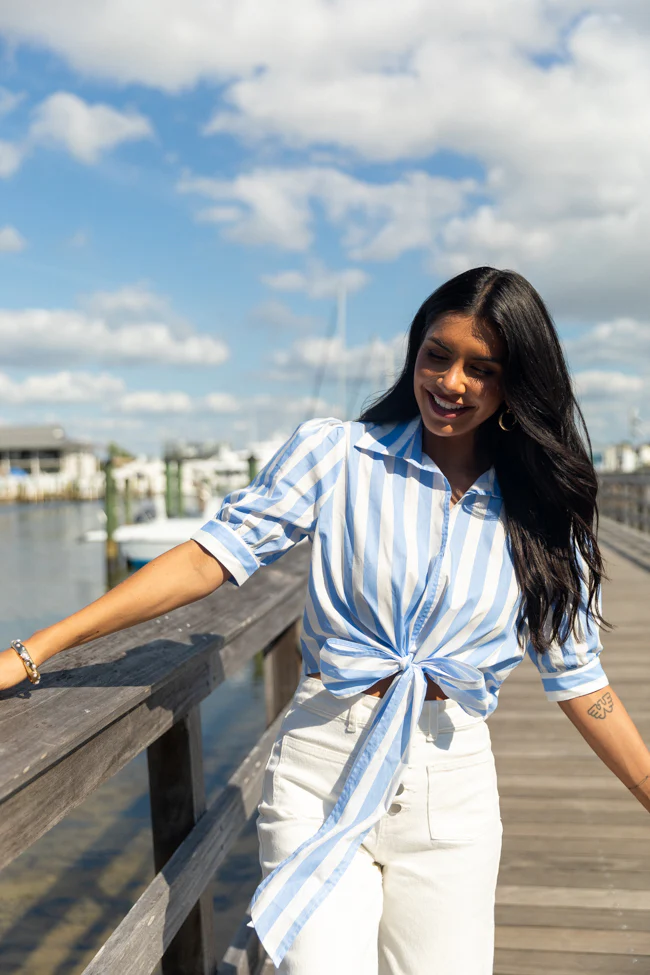 Key To Style Blue Striped Tie Front Collared Blouse - Terpint