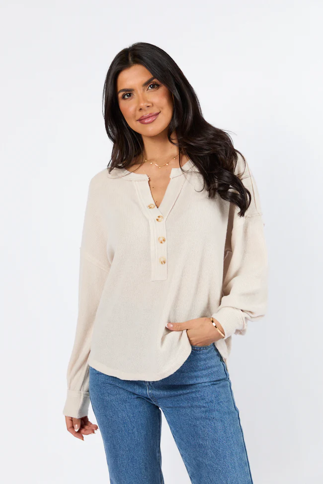Any Other Way Oatmeal Brushed Rib Henley Knit Long Sleeve Top FINAL SALE - Terpint