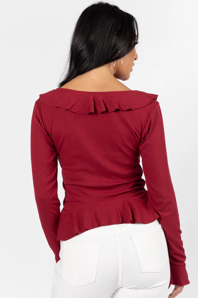 Treat You The Same Wine Ruffle Detail Ribbed Blouse FINAL SALE - Terpint