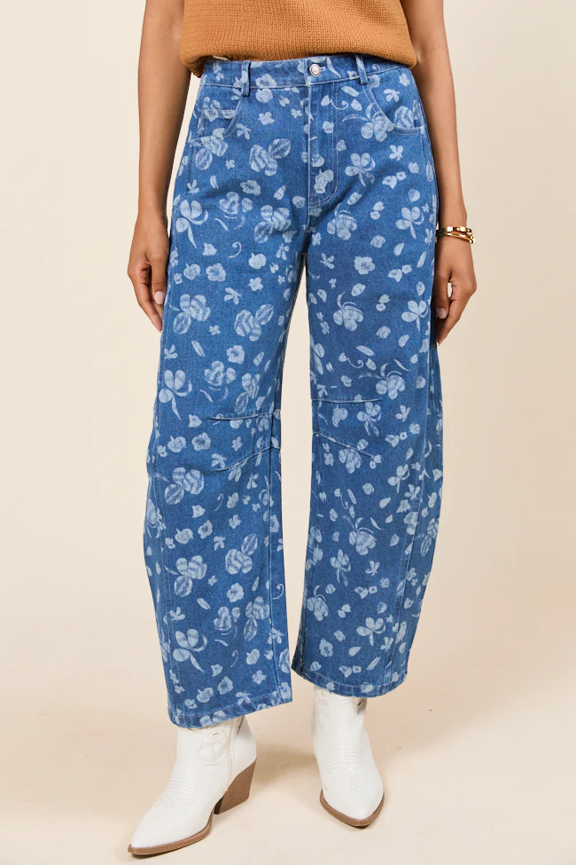 Katie Floral Printed Denim Barrel Jeans - Terpint