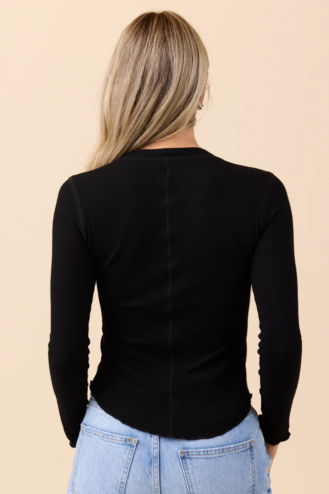 Anneliese Black Waffle Henley Top DOORBUSTER - Terpint
