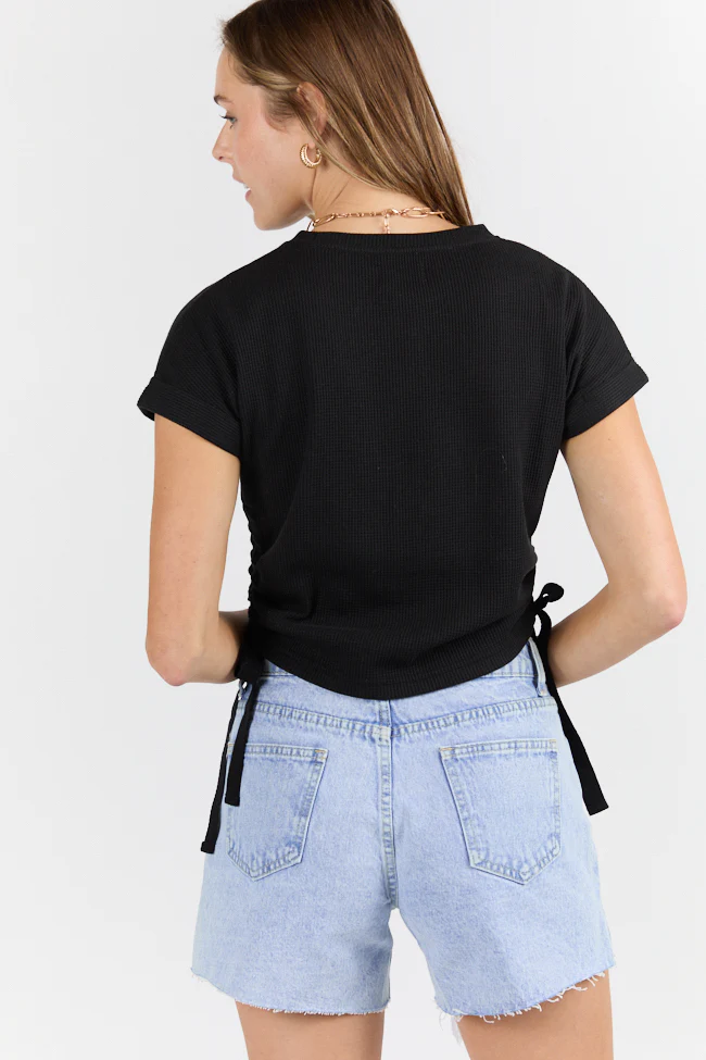 On The Road Again Black Waffle Knit Ruched Side Tee - Terpint