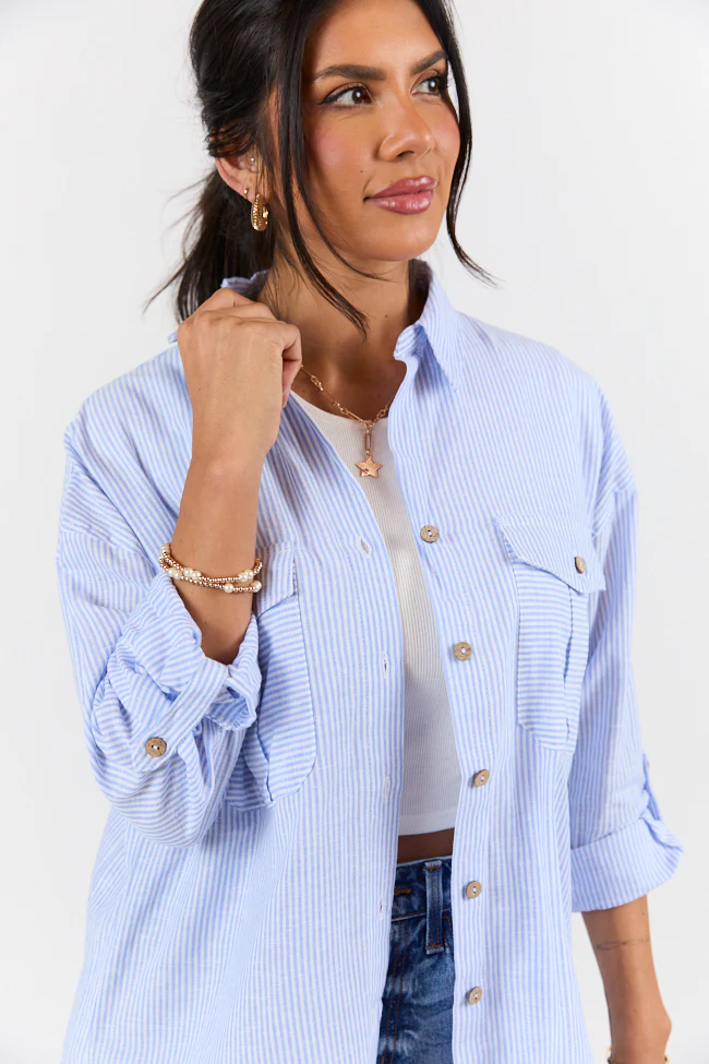 Coastline Walk Blue Striped Linen Blend Button Down Top FINAL SALE - Terpint