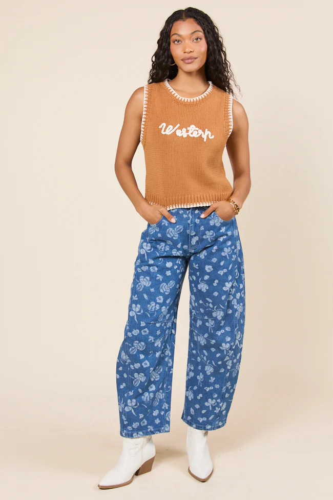Katie Floral Printed Denim Barrel Jeans - Terpint