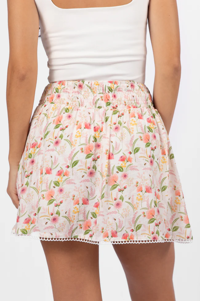 Through The Garden Ivory Multi Floral Eyelet Trim Mini Skort SALE - Terpint