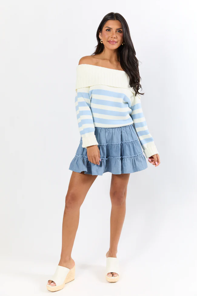 Undertow Feelings Ivory and Blue Striped Off The Shoulder Sweater FINAL SALE - Terpint