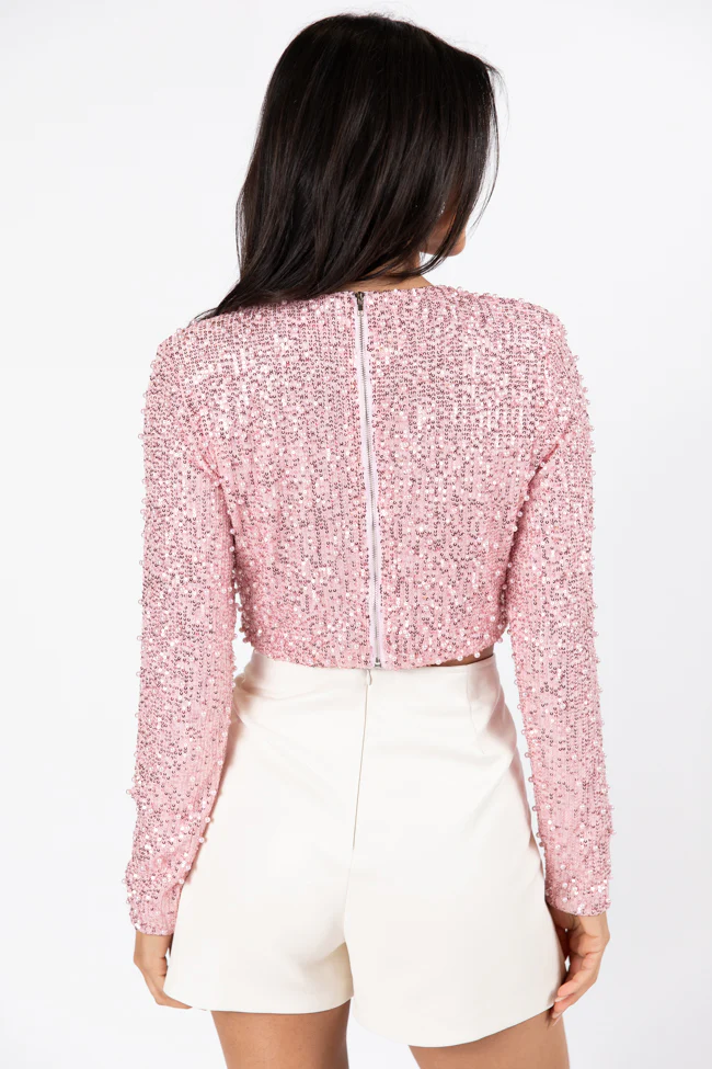 In Good Spirits Pink Pearl And Sequin Embellished Crop Blouse FINAL SALE - Terpint