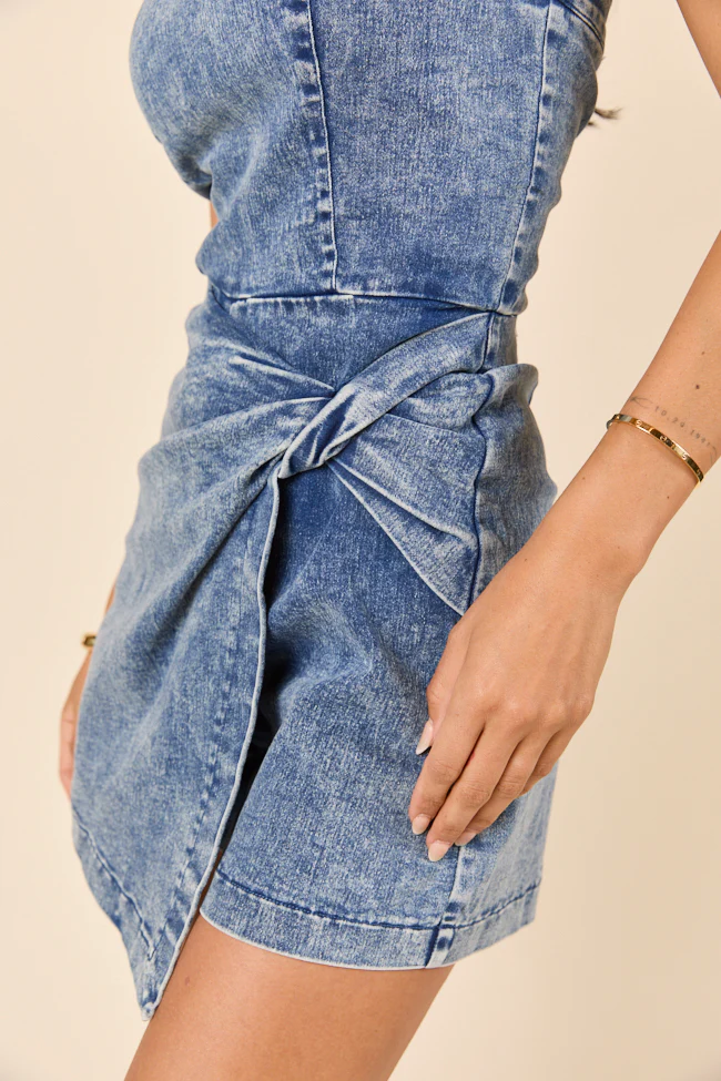 So You Say Strapless Denim Wrap Style Romper SALE - Terpint