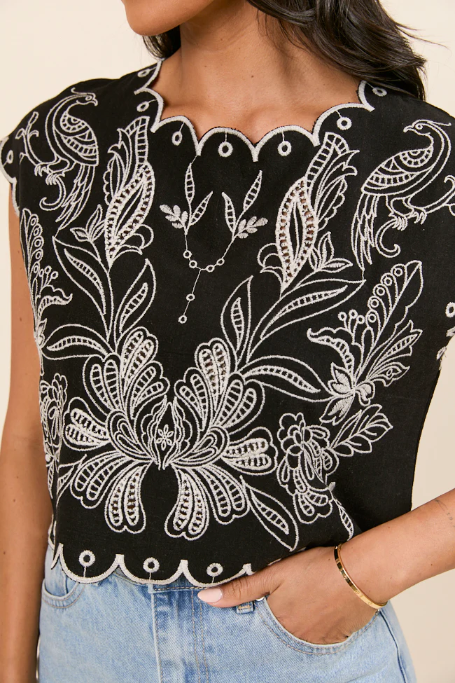 Amaya Cap Sleeve Black Embroidered Woven Top - Terpint