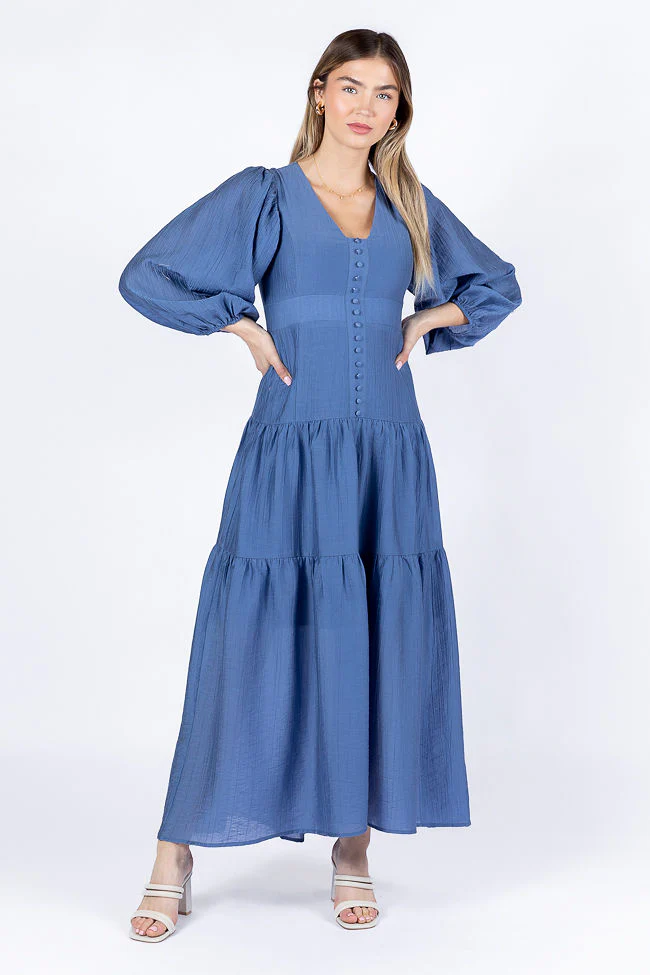 Enchanting Moments Blue Button Detail Maxi Dress FINAL SALE - Terpint